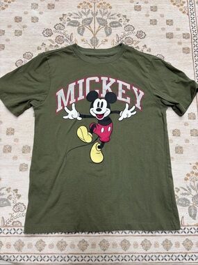 Disney Olive Green Mickey Mouse Graphic Tee with Red and Yellow Accents